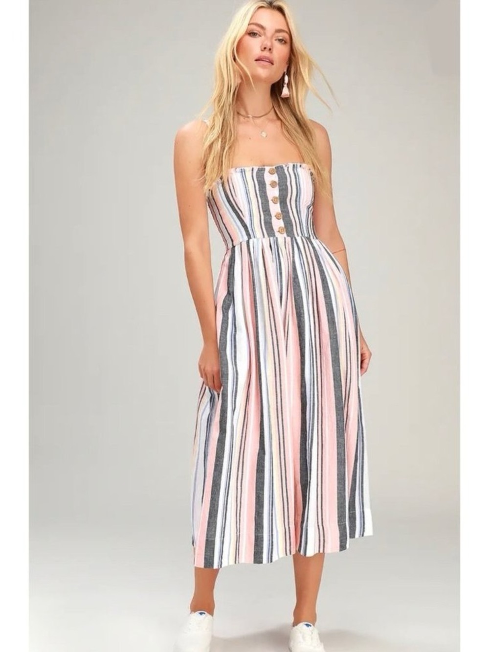 Free People Lilah Multi Striped Strapless Pleated Midi Dress Blue Pink, Medium